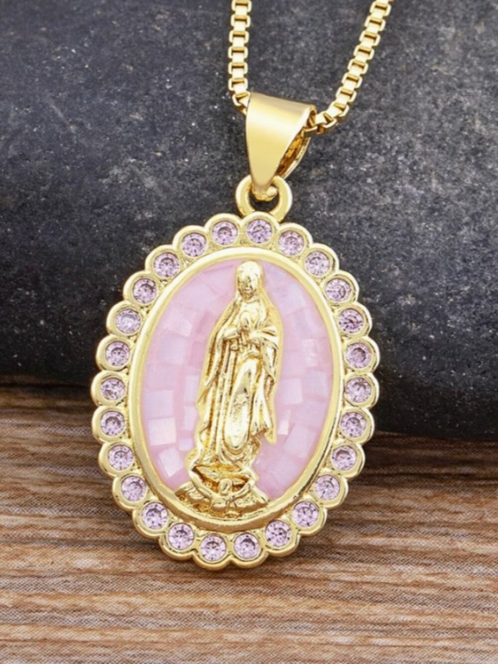 Gold Virgin Mary Pendant Charm Crystal Religious Medallion Necklace Pendant